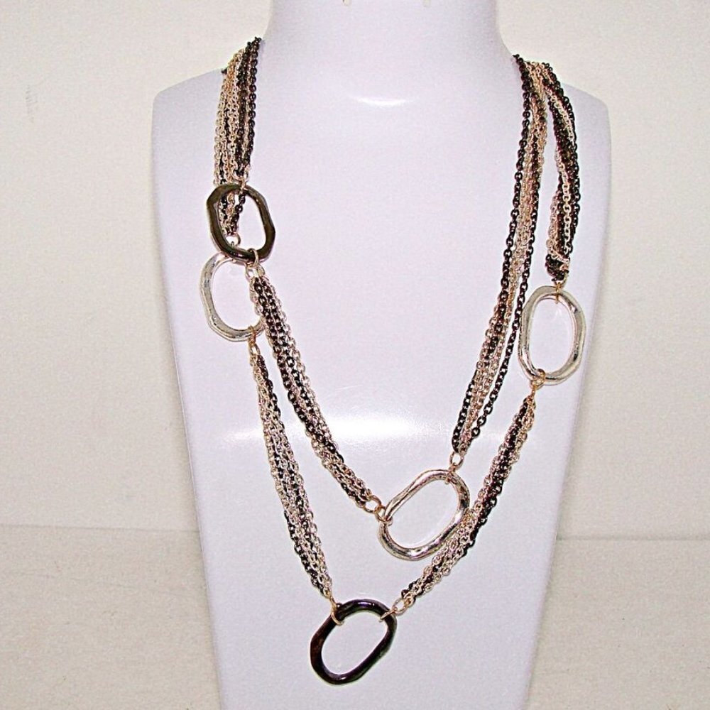 Gold Blackened Silver & Silver Combined Loopy Link 17" Fashion Long Necklace